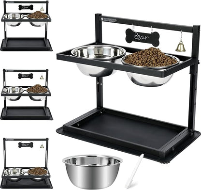 SHAINFUN Elevated/Raised Dog Bowls Stand Adjusable Height with Two 1.7L Stainless Steel Food Bowls and Spill Proof Mat, for Large and Medium Dogs.