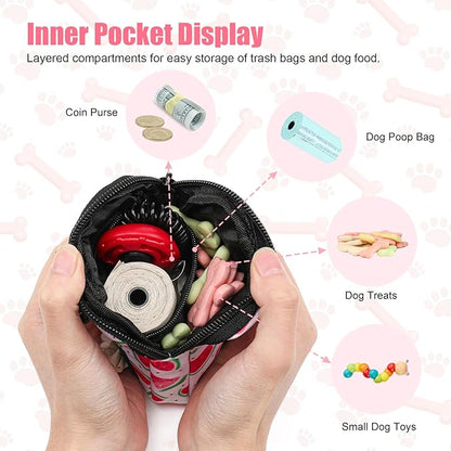 Dog Treat Pouch with Training Clicker,Waterproof Nylon Fabric Poop Bag Holders for Leashes,Hands Free Small Dog Walking Bag with Carabiner, Pet Puppy Training Walking Essentials (Watermelon)