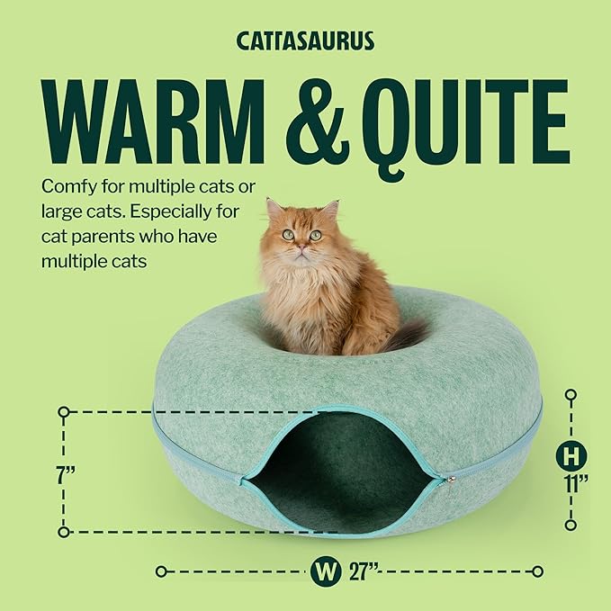 Cattasaurus Peekaboo Cat Cave, Extra Spacious for Multiple & Large Cats 15+ lbs, Scratch Detachable Cat Beds for Indoor Cats, Washable Tunnel Bed, Comfy Donut Tunnel (Sage Mist, Jumbo)
