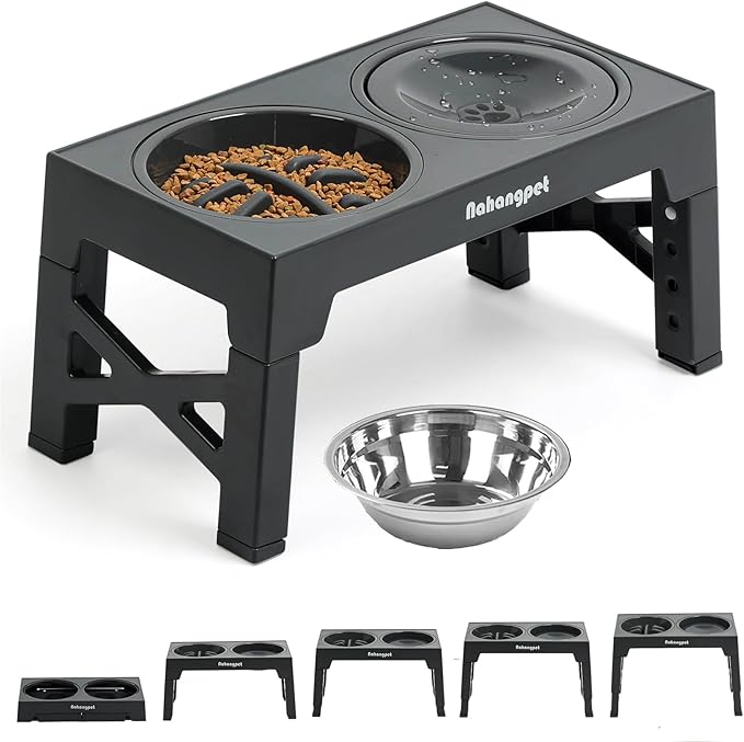 3-in-1 Elevated Slow Feeder Dog Bowls for Food and Water, 5 Heights Adjustable Raised Dog Bowls, Non-Slip, No Spill, for Small Medium Large Dogs and Cats(Grey)
