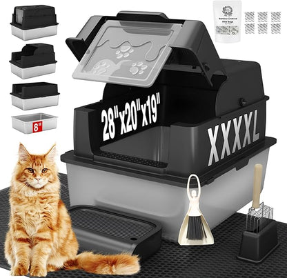 XXXXL Jumbo Stainless Steel Litter Box with Lid for Maine Coon, 28" L x 20" W x 19" H Extra Large Stainless Steel Cat Litter Box for Big Cat and Multi-Cats Families,Non-Sticky, Anti-Leakage (Black)