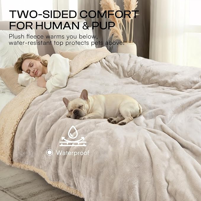 Waterproof Pet Blanket, Liquid Pee Proof Dog Blanket for Sofa Bed Couch, Reversible Sherpa Fleece Furniture Protector Cover for Small Medium Large Dogs Cats, Grey Beige Small（40" x 28"）