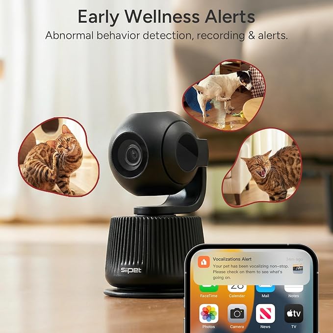 PawTrack 4K Pet Camera with Auto Tracking, 360° Pan/270° Tilt, Behavior Alerts & Smart Pet Vlog & Two-Way Audio, Privacy Mode, Multi-Pet ID, 1080p Daily Recording Smart Pet Monitor