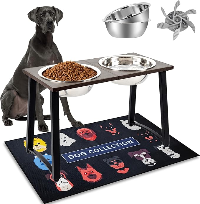 Elevated Dog Bowls for Large & X-Large Dogs, 16" Tall Raised Stand with 2 Stainless Steel 3000ML Bowls, Slow Feeder & Spill-Proof Mat – Extra Large Dog Food & Water Bowl Set