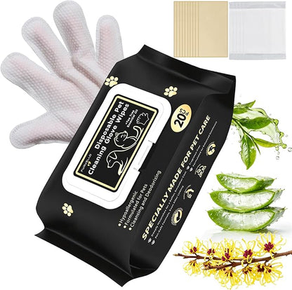 Pet Glove Wipes for Dogs and Cats 20 Count Dog Cleaning Wipes for Paws and Butt Waterless Dog Bath Wipes Hypoallergenic Fragrance Free with 10 Sealing Stickers and 5 Drying Towels