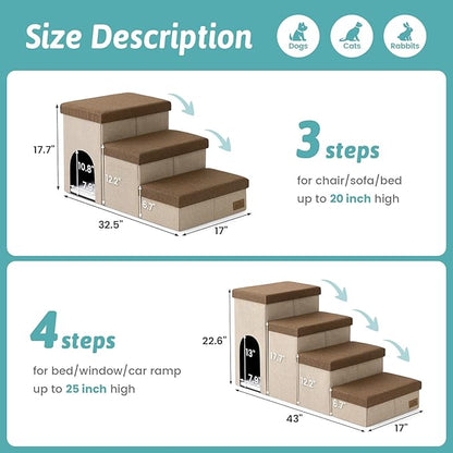 Dog Stairs with Storage, 4-Step Wider Sturdy Dog Steps for Small/Medium/Large Dogs and Older Cats, Doggie Ramp with Condo for Bed/Couch/Car Hold Up to 180 lbs (22.6" H, Brown)