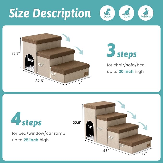 Dog Stairs with Storage, 3-Step Wider Sturdy Dog Steps for Small/Medium/Large Dogs and Older Cats, Doggie Ramp with Condo for Bed/Couch/Car Hold Up to 180 lbs (17.7" H, Brown)