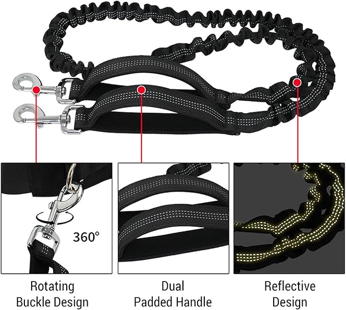 Hands Free Dog Leash with Waist Bag, Retractable Bungee Leash Portable with Dual Handles + Multifunctional Zipper Pouch for Dog Training Walking Running Cycling