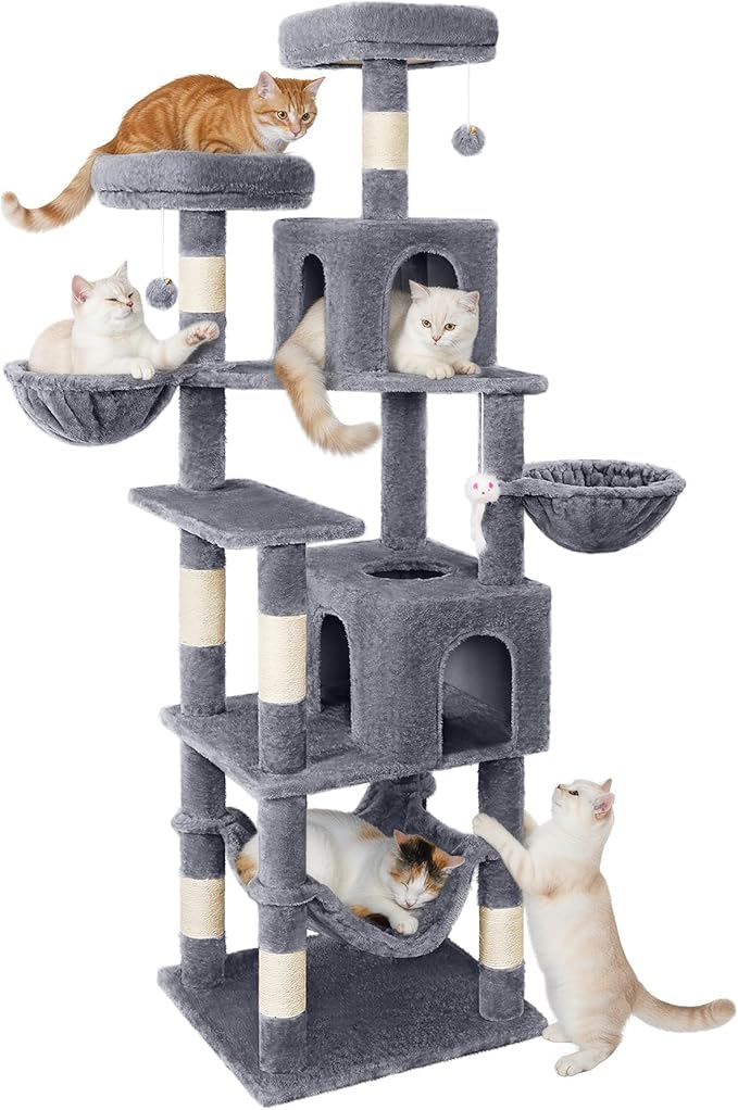 AMHANCIBLE Cat Tree, 70 Inch Cat Tower for Indoor Cats, Multi-Level Cat Tree with Scratching Post, Hammock, Hanging Basket, Large Cat Condos for Adult Cats Kittens, Grey, PT18GY