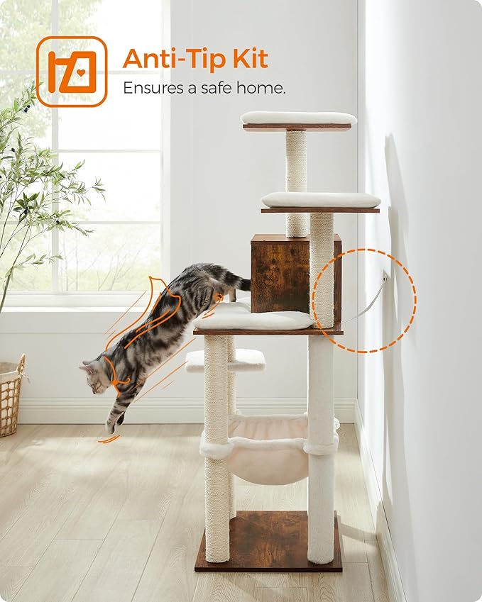 Feandrea Cat Tree, 56.3-Inch Modern Cat Tower, Multi-Level Plush Condo with Scratching Posts, Hammock, Washable Cushion, Rustic Brown UPCT164X01
