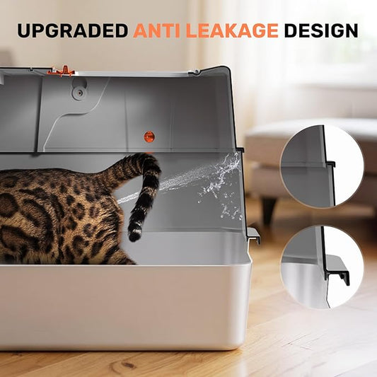 Stainless Steel Litter Box with Lid, Anti-Leakage Enclosed Metal Litter Box, Flip-Top Extra Large Kitty Litter Pan with Scoop & Pedal, Odor Free, Front & Top Dual Entry, Light Gray