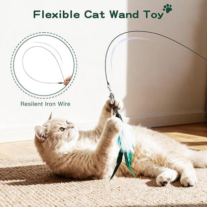 Pawaboo Feather Teaser Cat Toy, Interactive Feather Wand Cat Toy Flying Feather Cat Catcher with Extra Long 34.5" Wand and Small Bell, Fun Exerciser Playing Toy for Kitten or cat, White & Green