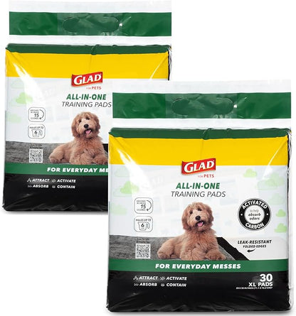 Glad for Pets Extra Large Charcoal Dog Training Pads, Absorbent Leak Proof Pee Pads for Dogs and Puppies, Odor Control Potty Pads with Activated Carbon, 28 x 30 Inches, 30 Count - 2 Pack