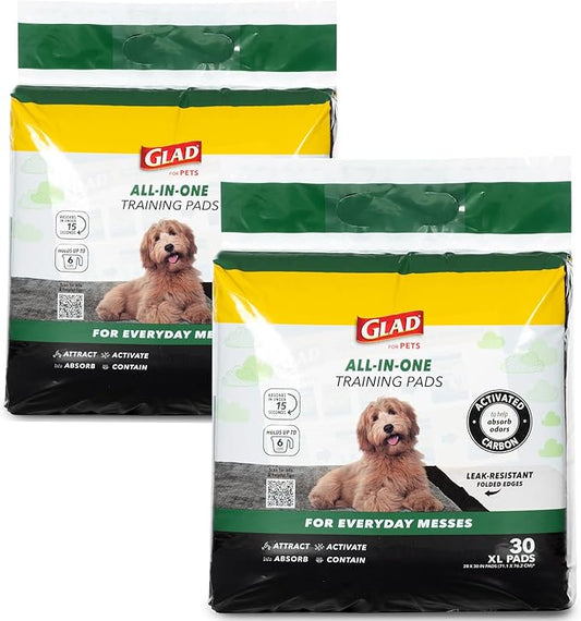 Glad for Pets Extra Large Charcoal Dog Training Pads, Absorbent Leak Proof Pee Pads for Dogs and Puppies, Odor Control Potty Pads with Activated Carbon, 28 x 30 Inches, 30 Count - 2 Pack