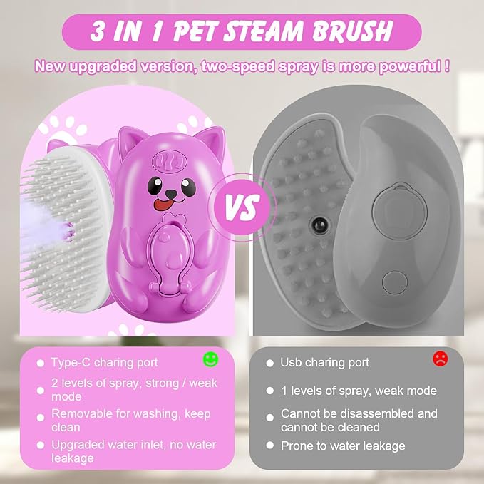 3 in 1 Cat Steam Brush for Shedding, Pet Steam brush for Dog & Cat Shedding & Grooming, for Long & Short Haired Pets, Spritz Defur Comb (rose red)