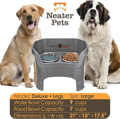Neater Feeder Deluxe Mess-Proof Elevated Dog Bowls for Large Dogs (40+ lbs), 2 Height Adjustable (14.5” & 17.5”) No-Spill Raised Dog Bowl Stand, Stainless Steel Food Bowl Set, Made in USA, Grey