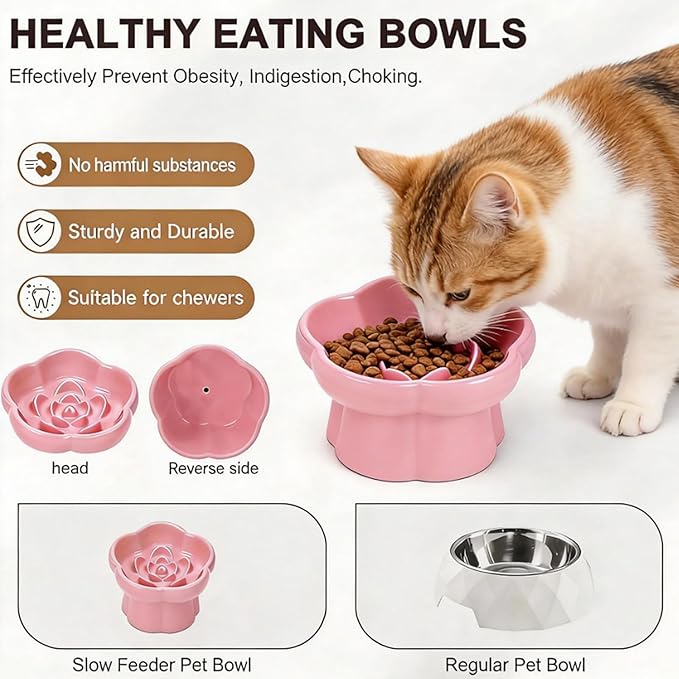 Cat Slow Feeder Flower-Shaped Ceramic Slow Feeder Cat Bowl, Tilted Raised Cat Slow Feeder Bowl for Whisker Relief, Prevents Vomiting & Bloating, Non-Slip Base, Cat Bowls for Dry and Wet Food - White