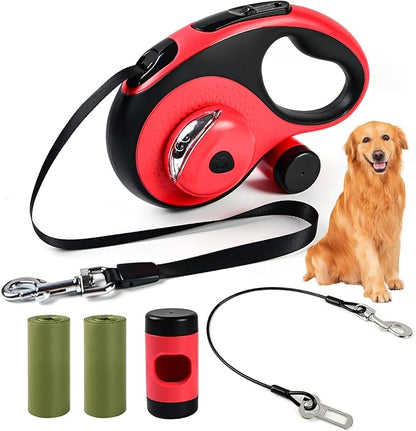 Heavy Duty Retractable Dog Leash for Large Dogs, 26ft Dog Leash with Poop Bag Holder, Up to 110lbs, chew Proof Cable, LED Light, 360° No-Tangle, One-Handed Pause & Locked. (Red, L 26ft)