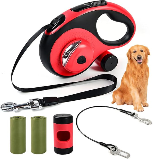 Heavy Duty Retractable Dog Leash for Large Dogs, 26ft Dog Leash with Poop Bag Holder, Up to 110lbs, chew Proof Cable, LED Light, 360° No-Tangle, One-Handed Pause & Locked. (Red, L 26ft)