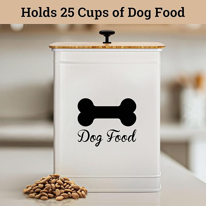 Dog Food Container Airtight 5-7 lb (25 Cup) Capacity - Cute Airtight Dog Food Storage Container with Bamboo Lid & Sturdy Metal Handle - White Metal Kibble Storage Bin for Dogs up to 50 lbs - Pet Jar