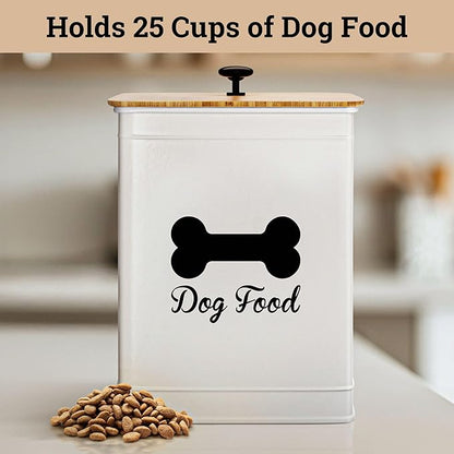 Dog Food Container Airtight 5-7 lb (25 Cup) Capacity - Cute Airtight Dog Food Storage Container with Bamboo Lid & Sturdy Metal Handle - White Metal Kibble Storage Bin for Dogs up to 50 lbs - Pet Jar
