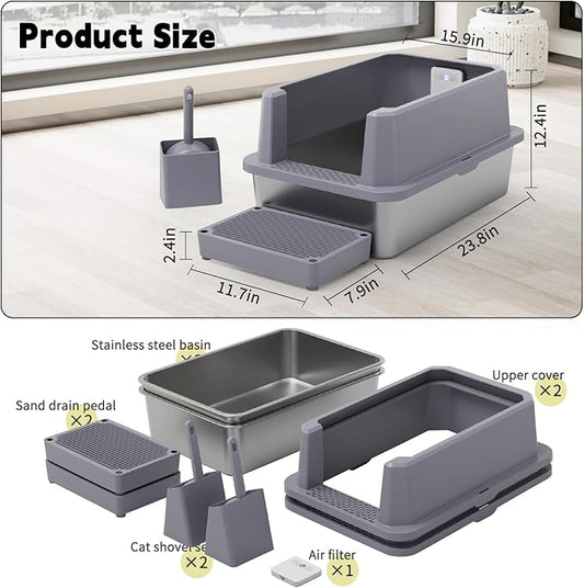 RIZZARI Stainless Steel Litter Box for Cats: Gray Leakproof Open Top Tray - Teflon Non-Stick Coating - Large Size Odor Control for Cats Under 20 lbs - with Deodorizer - 2 Pack