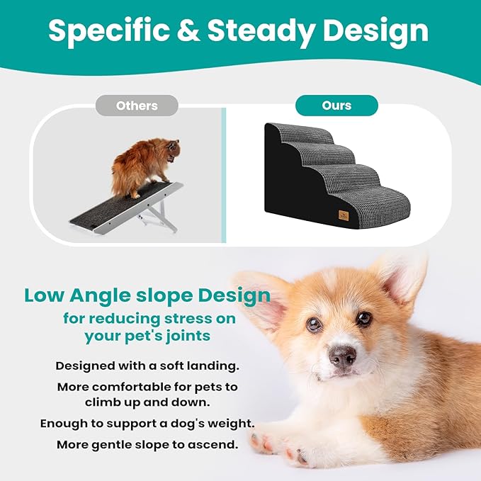 Dog Stairs - 20.5" H 4 Step Curved Dog Ramp for High Bed & Couch, Foam Ramp with Non-Slip Waterproof Fabric Cover, Grey