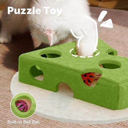 Cat Puzzle Toy with 3 Track Balls, Cheese Play Box for Indoor Kittens Treat Feeding, Fun Maze Game for Indoor Cats Boredom Relief & Exercise (Cheese Yellow)