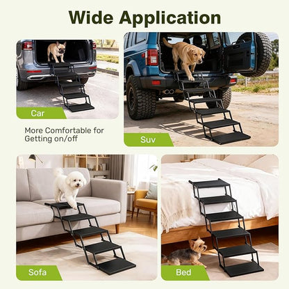 Foldable Dog Car Steps - Upgraded Non-Slip Pet Stairs for Large Dogs, Portable Metal Frame Dog Ramps for High SUV, Truck and Cars, Lightweight Pet Ladder with High Load-Bearing Capacity，Up to 350Lbs