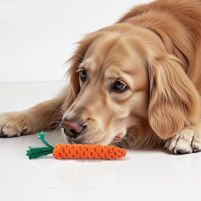 Cotton Rope Dog/Cat Toy, Handmade Braided Carrot Shape Chew Toy, Orange with Green Leaves, 8.66 Inch Length, Durable Pet Dental Toy, (1 Piece Set)