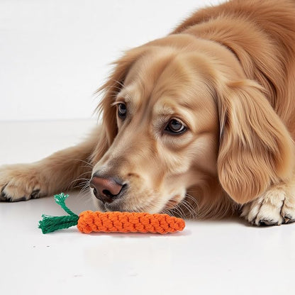 Cotton Rope Dog/Cat Toy, Handmade Braided Carrot Shape Chew Toy, Orange with Green Leaves, 8.66 Inch Length, Durable Pet Dental Toy, (1 Piece Set)