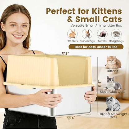 Stainless Steel Litter Box for Small Cats & Kittens, 11.8" High Sided Open Top Cat Litter Pan, Low Entry with Anti-Leak Design, Easy to Clean & Space-Saving, 17.3x13.4x11.8 Inches