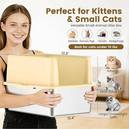 Stainless Steel Litter Box for Small Cats & Kittens, 11.8" High Sided Open Top Cat Litter Pan, Low Entry with Anti-Leak Design, Easy to Clean & Space-Saving, 17.3x13.4x11.8 Inches