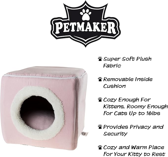 Cat House - Indoor Bed with Removable Foam Cushion - Cat Cave for Puppies, Rabbits, Guinea Pigs, Hedgehogs, and Other Small Animals by PETMAKER (Pink)
