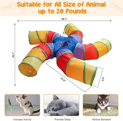 Depets Cat Tunnel and Toy Set, 5-Way Tube with Play Ball and 15 Pcs Interactive Feather Toys for Cats & Kittens
