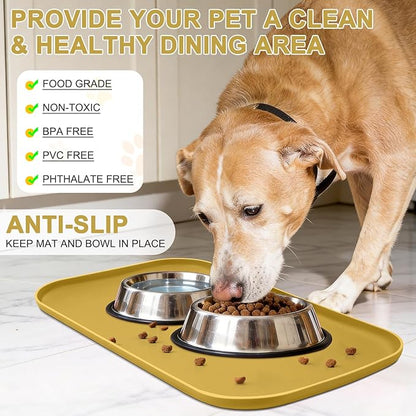 Silicone Pet Food Mat with Raised Edge for Food and Water Bowl, Dog Feeding Mats, Cat Food Trays for Floor Waterproof, Rubber Tray for Dogs and Cats, 24 x 16 x 0.8 Honey