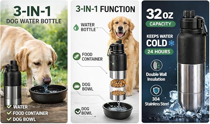 Portable Dog Water Bottle with Built-in Bowl, Leakproof Pet Travel Water Dispenser, 32oz Stainless Steel Dog Water Bottle for Walking, Hiking, Camping & Outdoor Travel