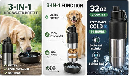Portable Dog Water Bottle with Built-in Bowl, Leakproof Pet Travel Water Dispenser, 32oz Stainless Steel Dog Water Bottle for Walking, Hiking, Camping & Outdoor Travel