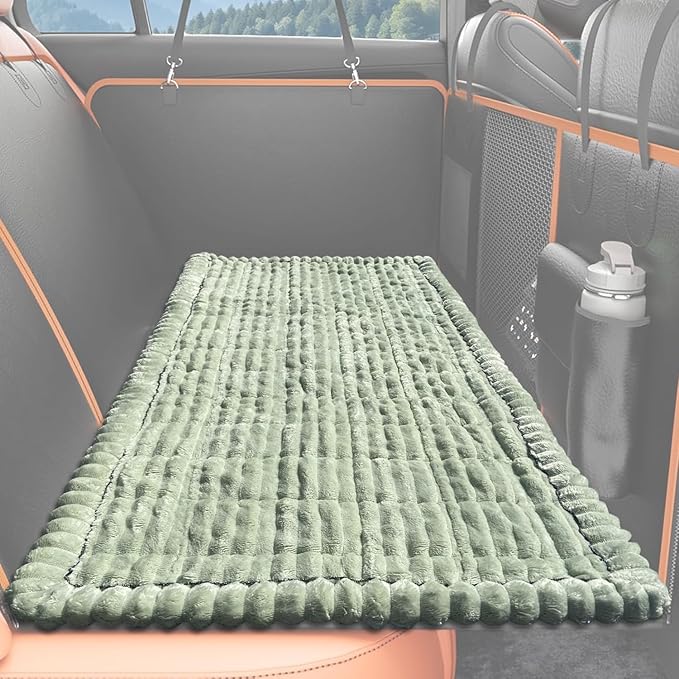 Dog Bed Mat for Car Backseat Extender, Non-Slip Pet Bed Mat for Car Back Seat Protector Cover, Furry Dog Couch Cover, Washable Travel Dogs Bed for Cars, SUVs, Sedans. (51" x 24") (Green, M)