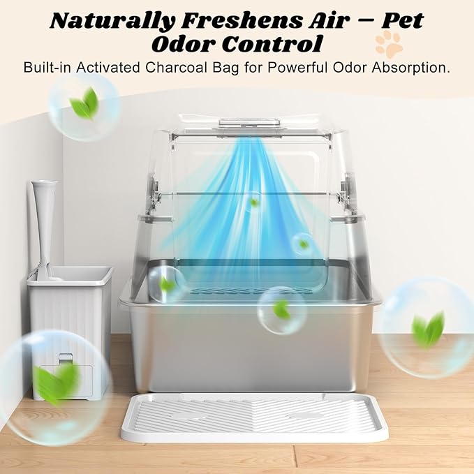 Stainless Steel Litter Box with Lid, XL Extra Large Metal Cat Litter Boxes for Big Cats Enclosed, Easy to Scoop with Scoop Set, High Sides Enclosure Anti-Urine Leakage Non-Sticky