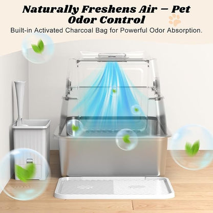 Stainless Steel Litter Box with Lid, XL Extra Large Metal Cat Litter Boxes for Big Cats Enclosed, Easy to Scoop with Scoop Set, High Sides Enclosure Anti-Urine Leakage Non-Sticky
