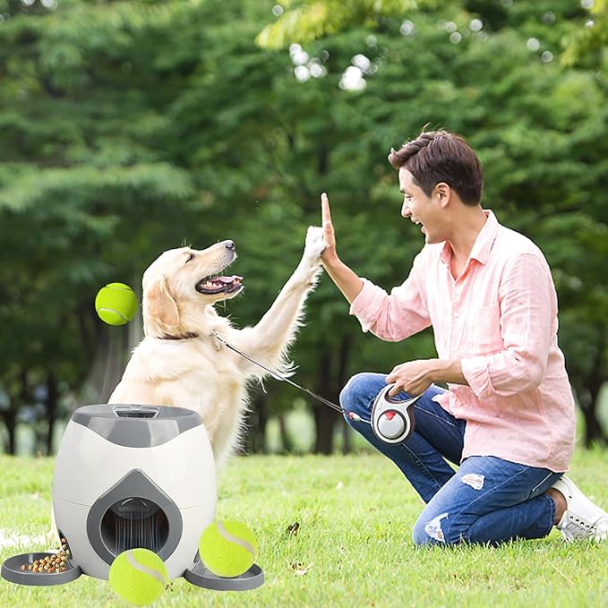Dog Tennis Ball Food Reward Machine, Interactive Puzzle Toy with Slow Food Dispenser, Outdoor Training Toys Ball Launcher for Medium/Large Dogs, Exercise Mental Stimulation (Grey)