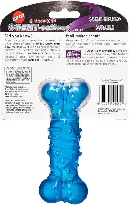 SPOT Play Strong Scent-sations Bone - Scent-Infused, Strong, Durable TPR Rubber, Heavy Duty Dog Toys for Aggressive Chewers up to 45lbs, Perfect for Small & Medium Breeds, 5in, Bacon Flavored