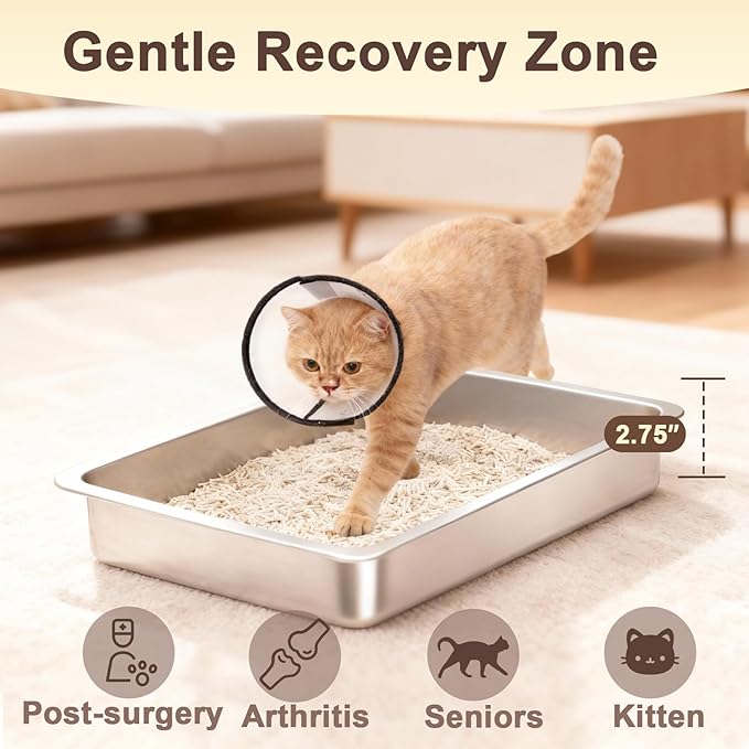 Low Entry Stainless Steel Cat Litter Box for Senior Cats, Metal Shallow Litter Box, Easy Access Kitty Litter Pan Tray, Pet Bathroom Accessories-17.72''Lx 13.78'' W x2.76'' H
