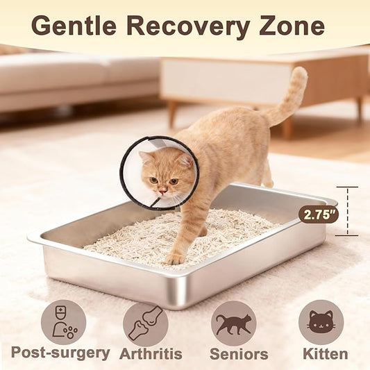 Low Entry Stainless Steel Cat Litter Box for Senior Cats, Metal Shallow Litter Box, Easy Access Kitty Litter Pan Tray, Pet Bathroom Accessories-17.72''Lx 13.78'' W x2.76'' H