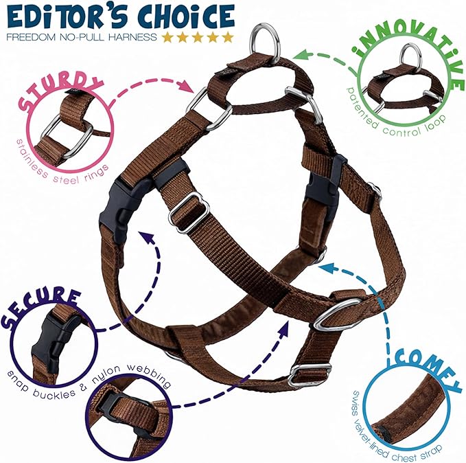 2 Hounds Design Freedom No Pull Dog Harness, Adjustable Harness, Easy Walking & Comfortable Control, Fits Small, Medium & Large Dogs, Solid Colors, Made in USA, 5/8" XS, Brown