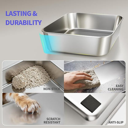 Stainless Steel Cat Litter Box for Kittens, 2 Pack Metal Kitty Litter Box with Scoop, Easy to Clean, No Stains, Anti-Leakage -Small (17.2" L x13.2 W x10.3 H)