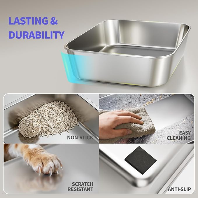 2 Pack Stainless Steel Cat Litter Box with Lid, Large Metal Litter Pan for Adult Cats, Multi-Cats, High Sides with Anti-Leakage Enclosure, Easy Cleaning, Non-Stick, Anti-Scratch,Include Scoop