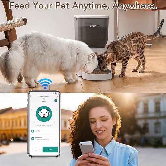 Remote Controlled Automatic Dog & Cat Feeder, APP Controlled,with Freshness Preservation, Timed Cat Feeder with Stainless Steel Bowl. 4L Capacity Up to 6 Meals Per Day and 1-15 Portion for Pets（White）