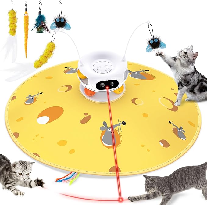 Interactive Cat Toys for Indoor Cats, 5 in 1 Hide and Seek Cat Toys with Automatic Laser and Motion Activated, Fluttering Feather & Dual Track Balls with Chirping for All Breeds, Rechargeable